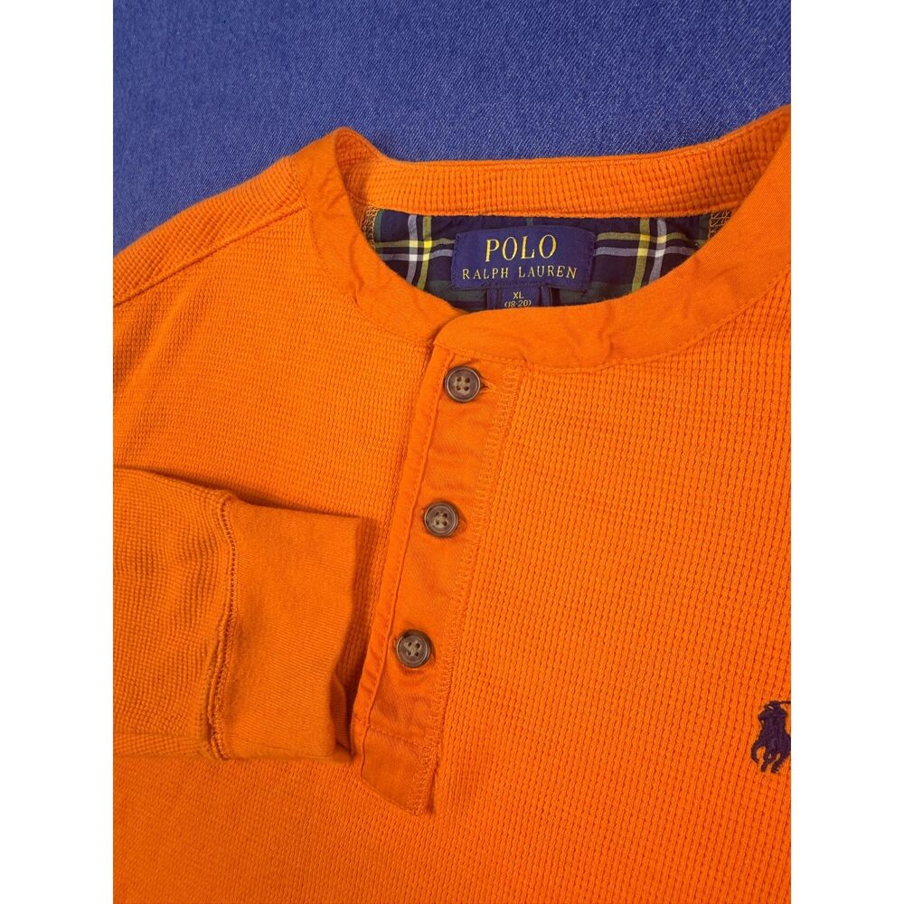 Polo Ralph Lauren Boys XL 18-20 Orange Waffle Knit Henley Long Sleeve Shirt